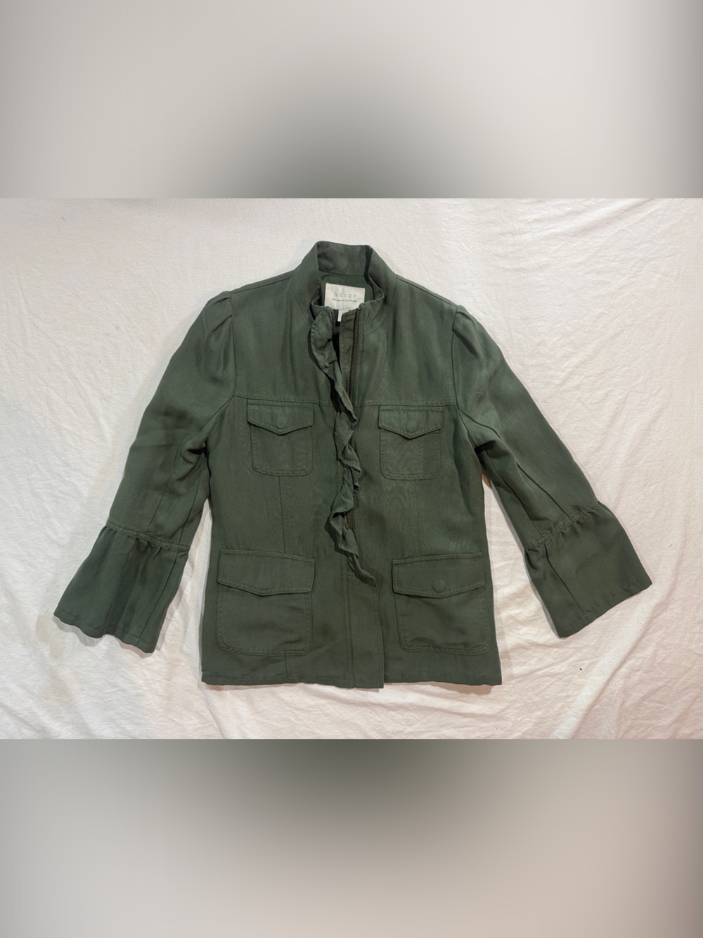 Hinge Olive Green Ruffle Trim Full-Zip Utility Military Jacket - Size M